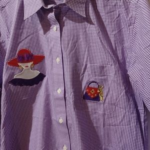Las Olas Blouse For Women Medium  Purple White Check With Red Hat Lady And...